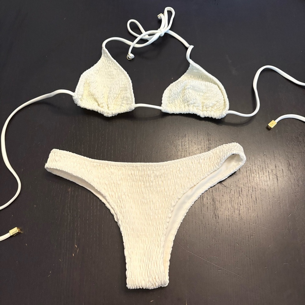 White Cream Textured Triangle Bikini Set